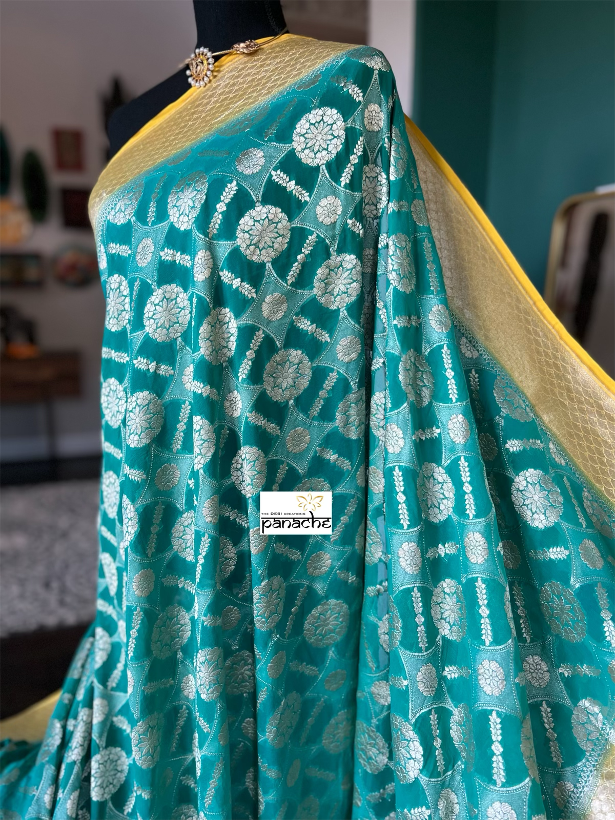 Khaddi Georgette Banarasi - Sea Green Yellow