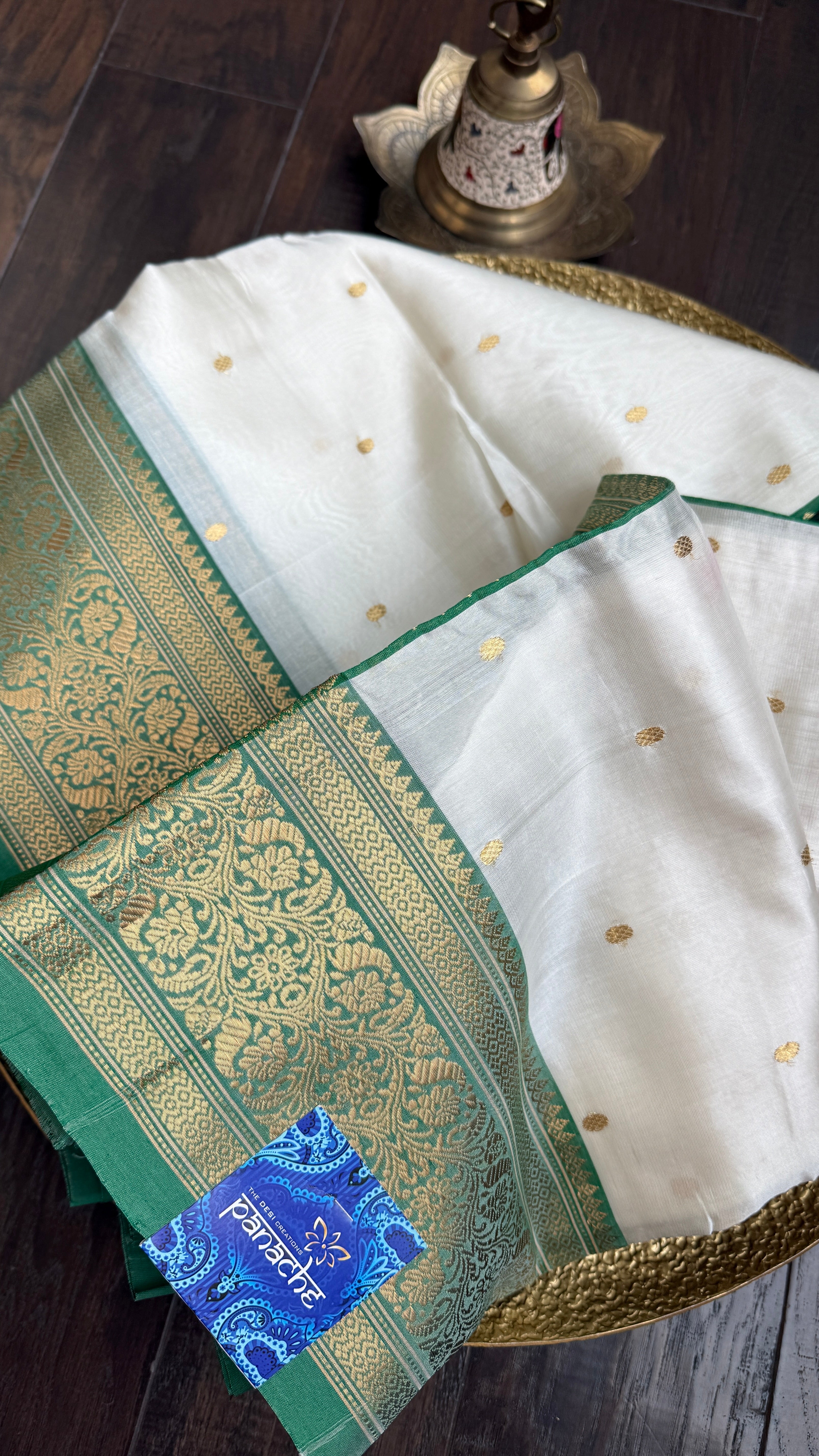 Pure Chanderi Pattu Silk - Cream Green Gold Zari Woven