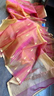 Chanderi Organza Silk - Pink Orange Dual shaded