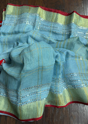 Designer Linen Sequin Embroidered - Firozi Checkered