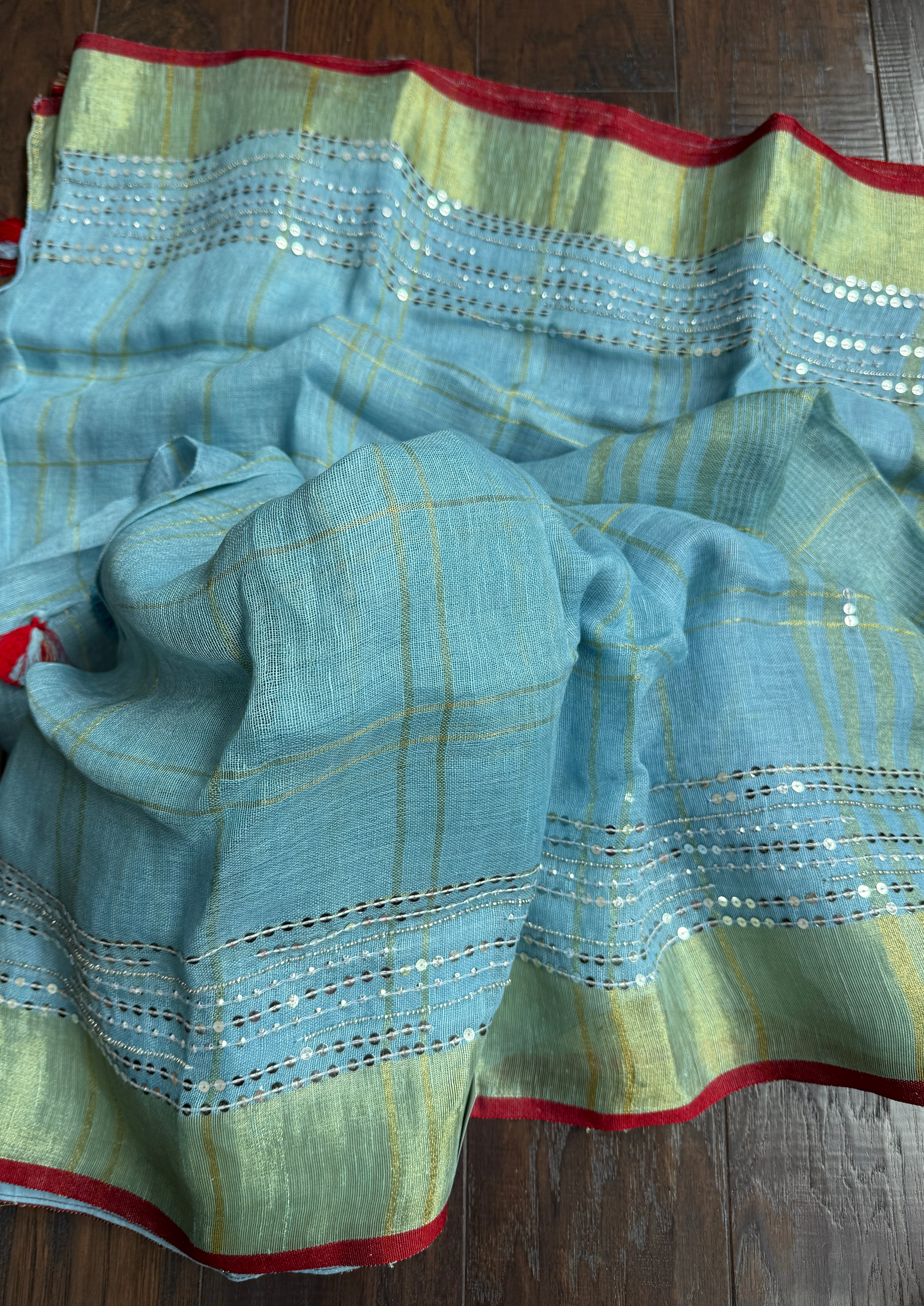 Designer Linen Sequin Embroidered - Firozi Checkered
