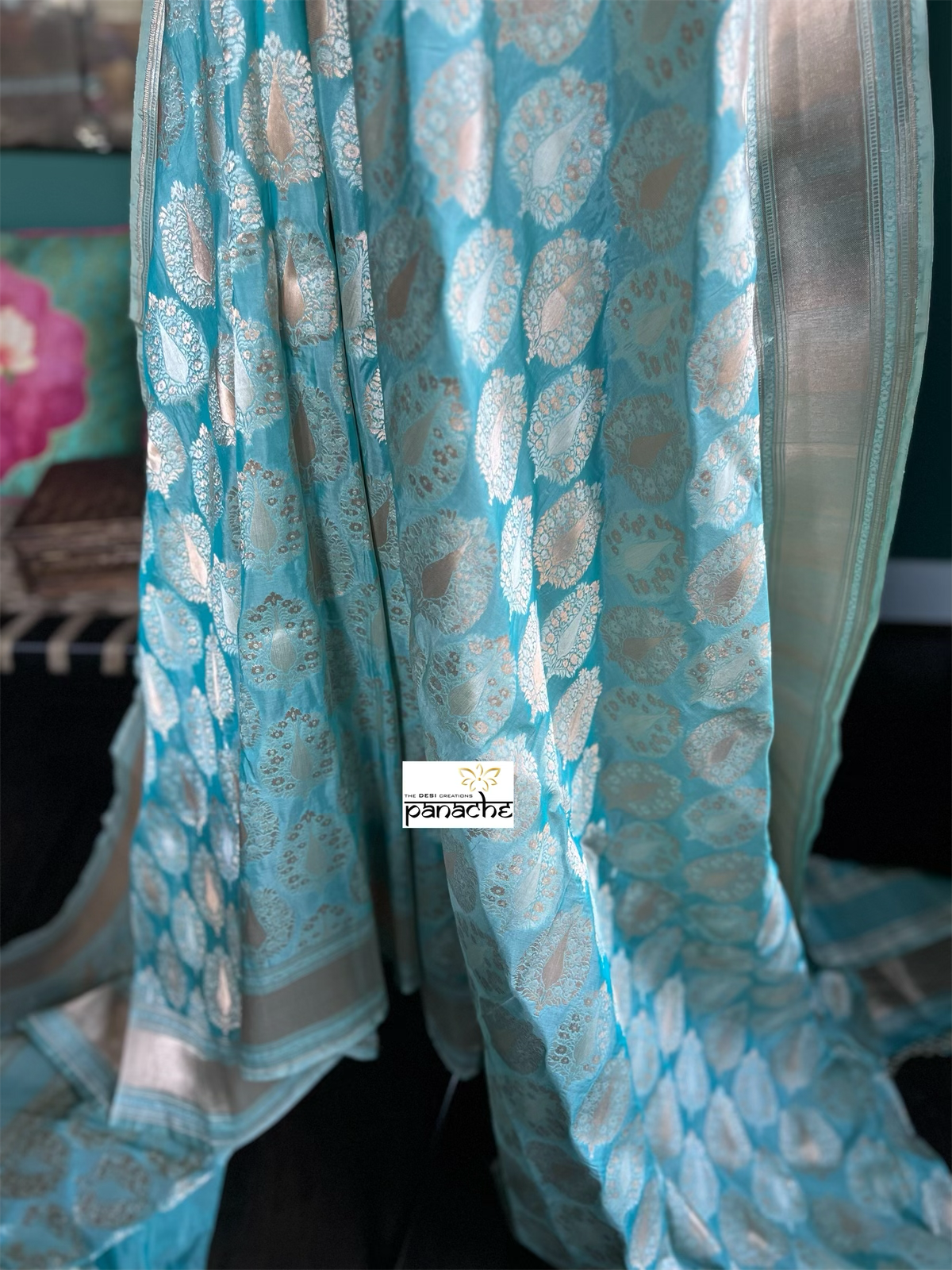 Pure Silk Katan Tissue Banarasi- Firozi Meenakari