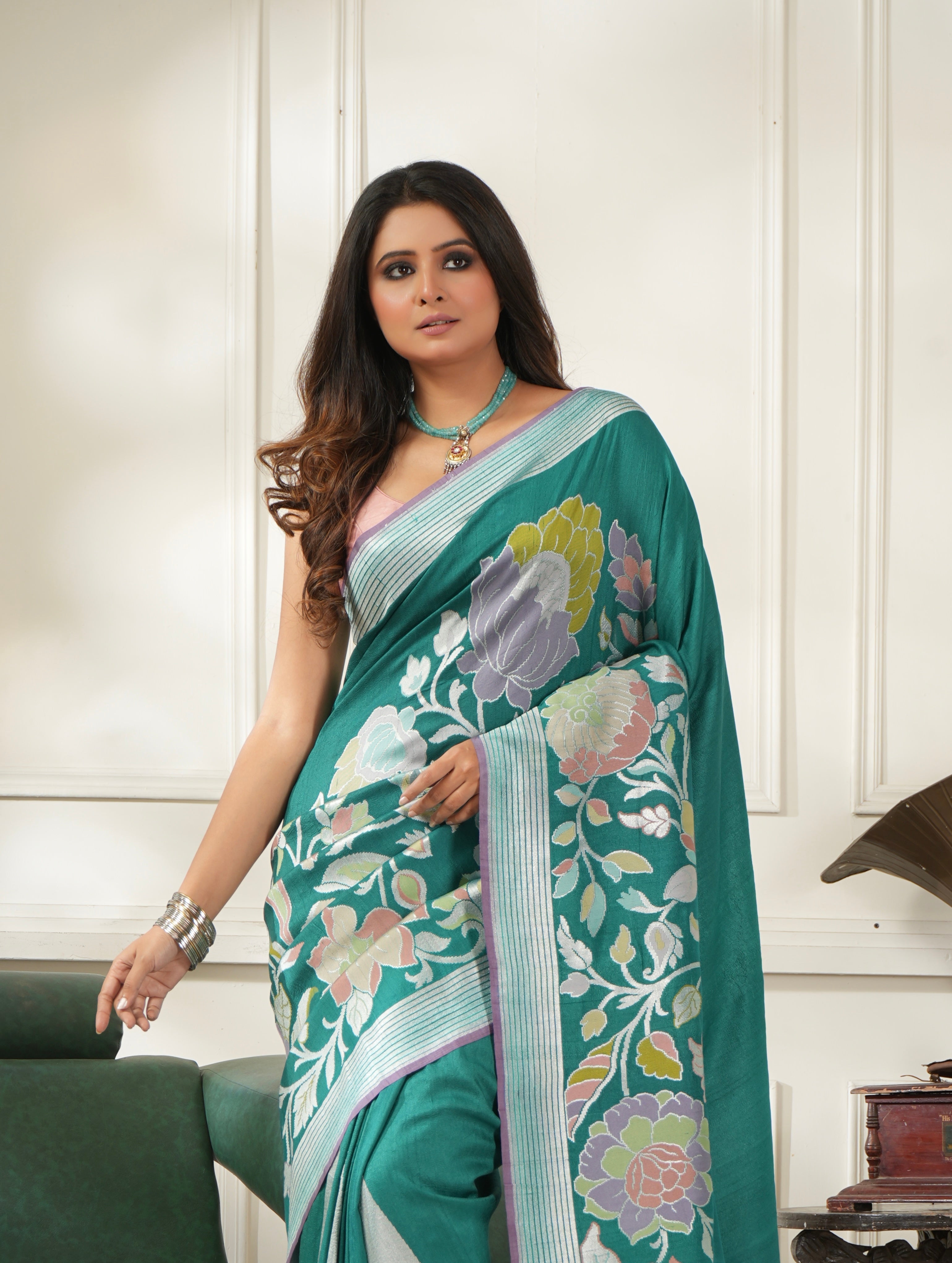 Khaddi Tussar Banarasi - Teal Blue Meenakari