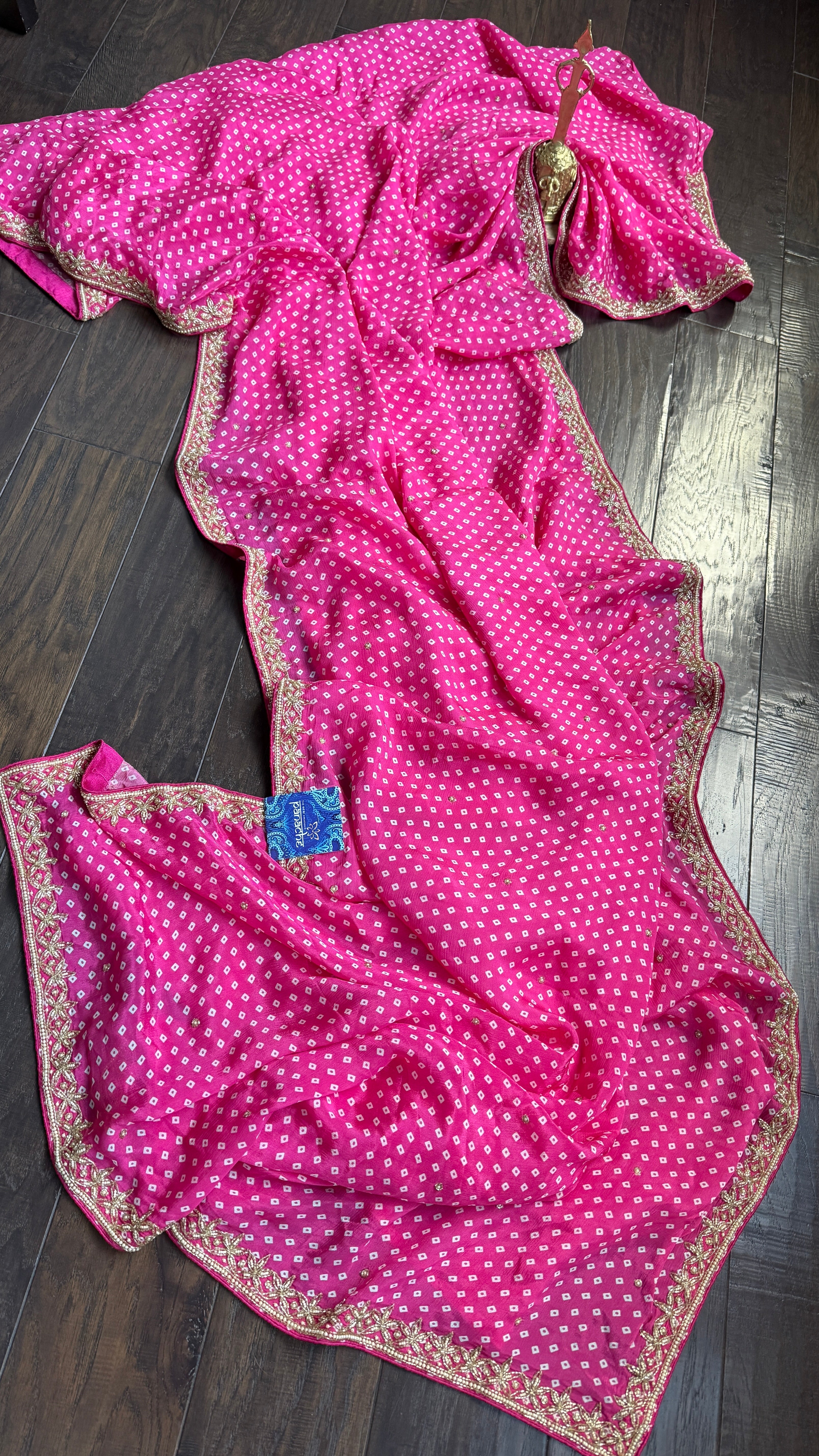 Designer Satin Georgette - Pink Bandhej Print