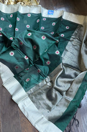 Pure Chanderi Pattu Silk - Dark Teal Green Meenakari