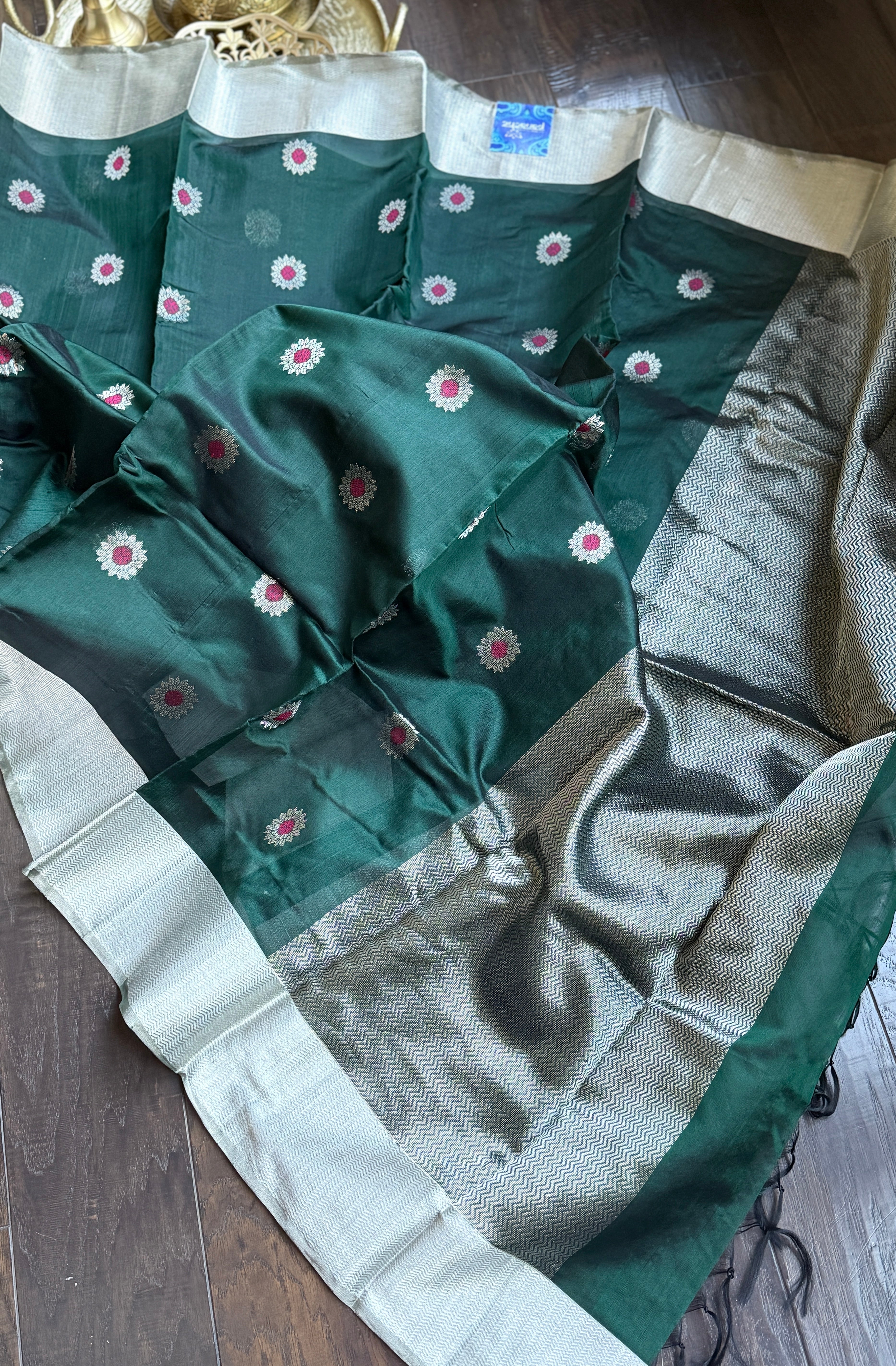 Pure Chanderi Pattu Silk - Dark Teal Green Meenakari