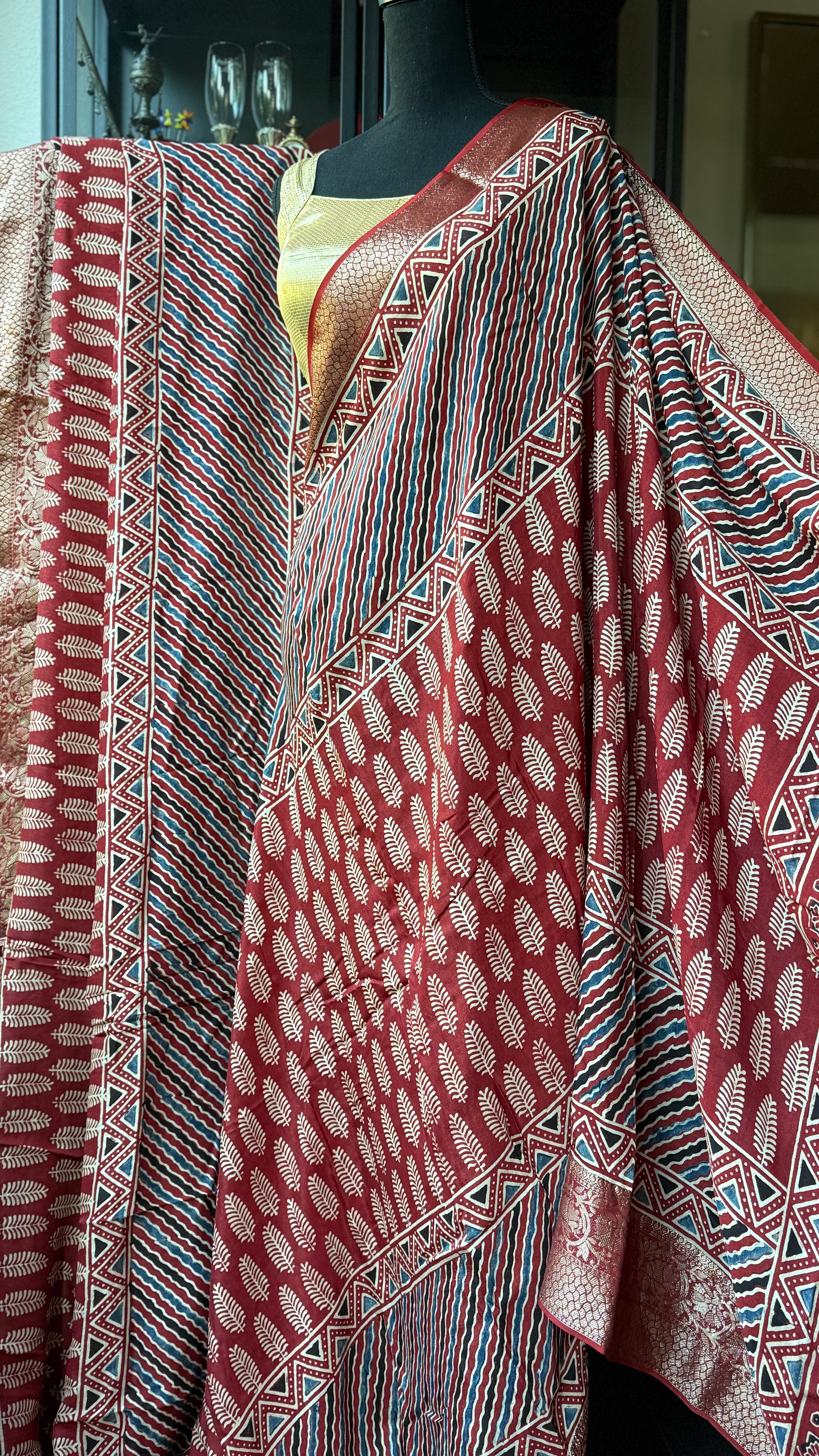 Dola Silk Ajrakh - Red Multi Color