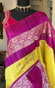 Pure Matka Silk Jamdaani - Yellow Purple Woven