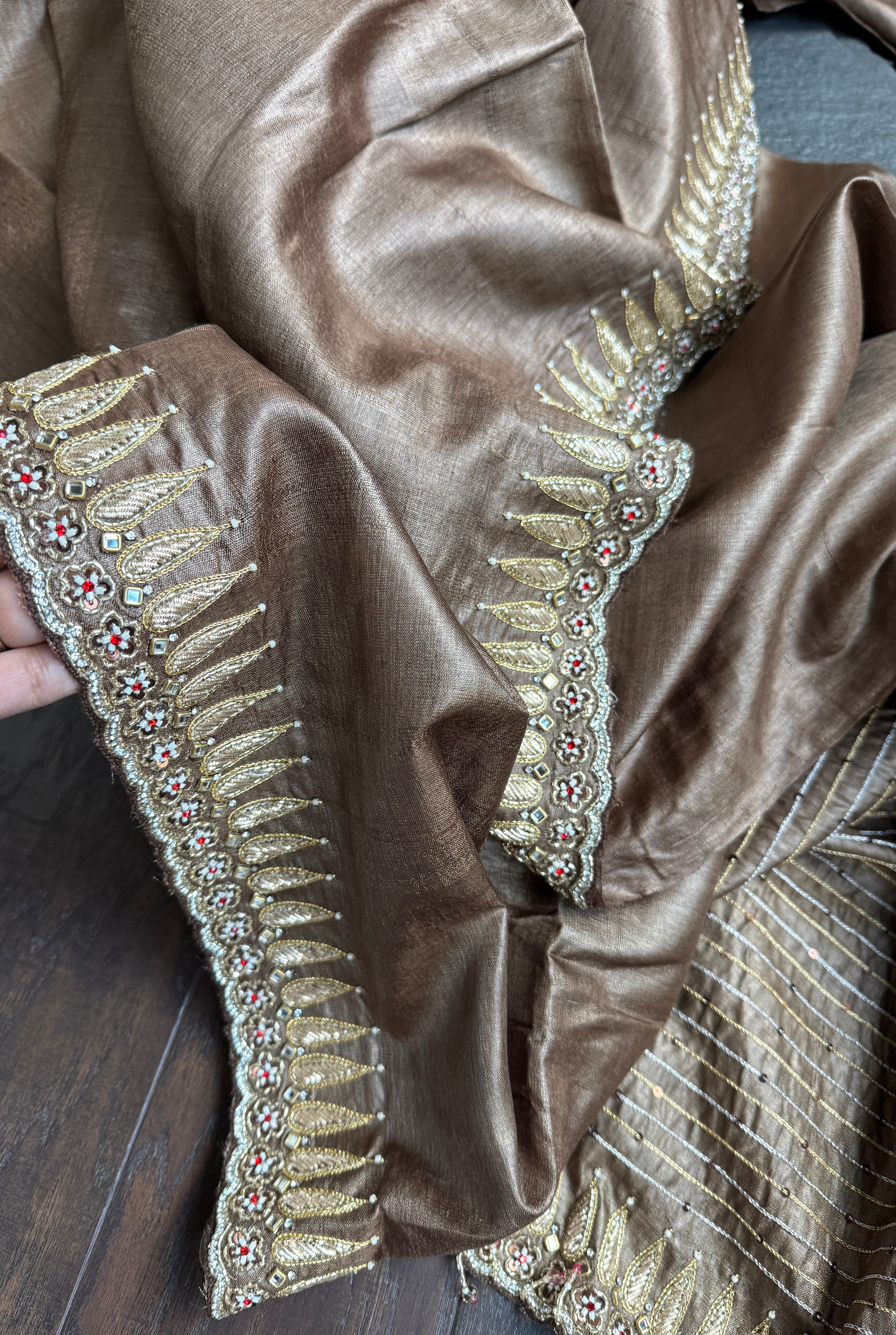 Designer Hand Zardozi Pure Tussar Silk - Brown