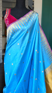 Pure Silk Katan Banarasi - Blue Yellow Kadwa
