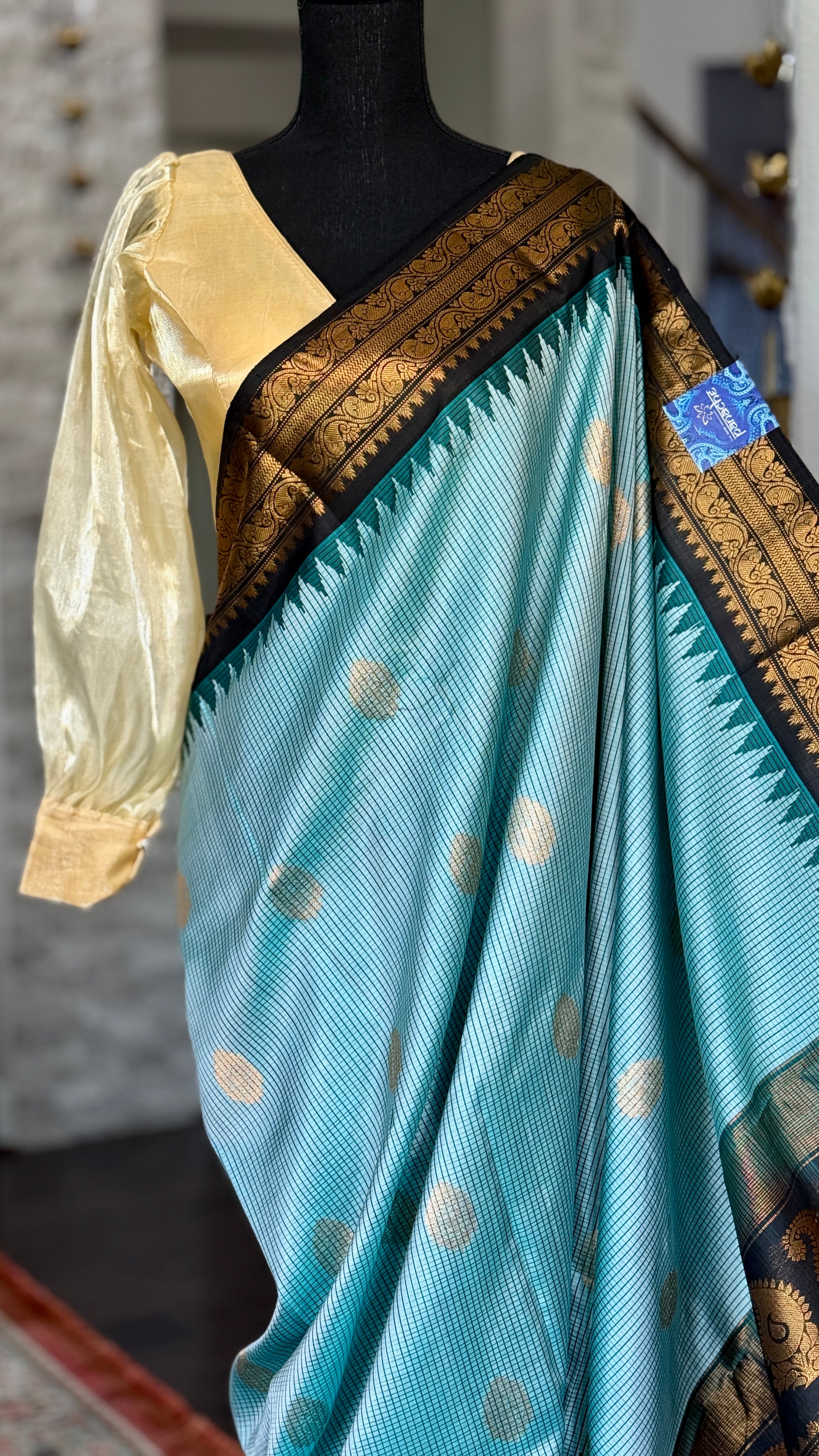 Pure Silk Gadwal - Aqua Sea Blue Black