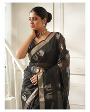 Pure Chanderi Pattu Silk - Black Silver Peacock