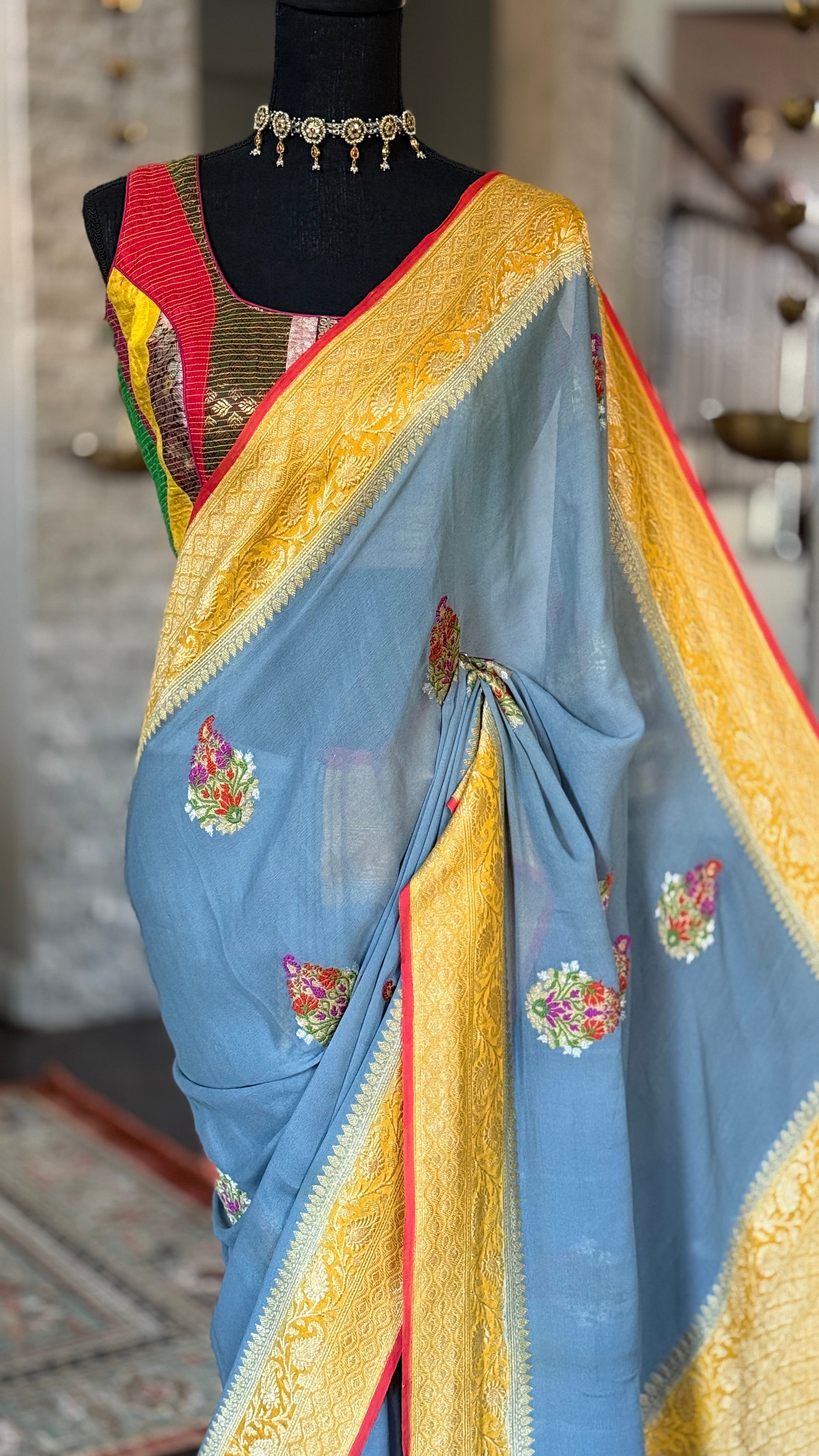 Pure Khaddi Georgette Banarasi - Grey Yellow Kadwa Paisley Meenakari