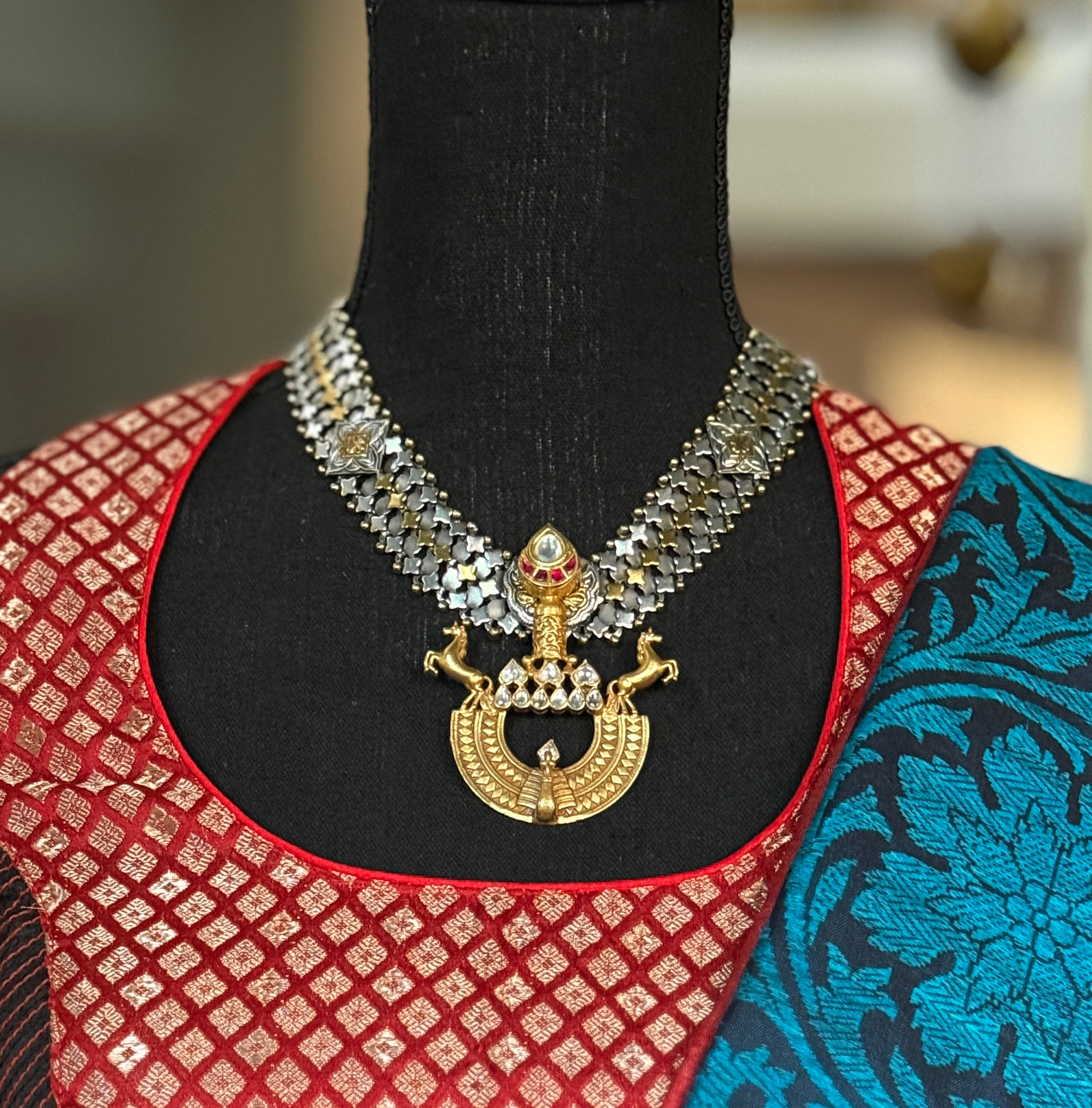 Pure Silver 925 Necklace- Kundan Pendant Statement Dual Tone2