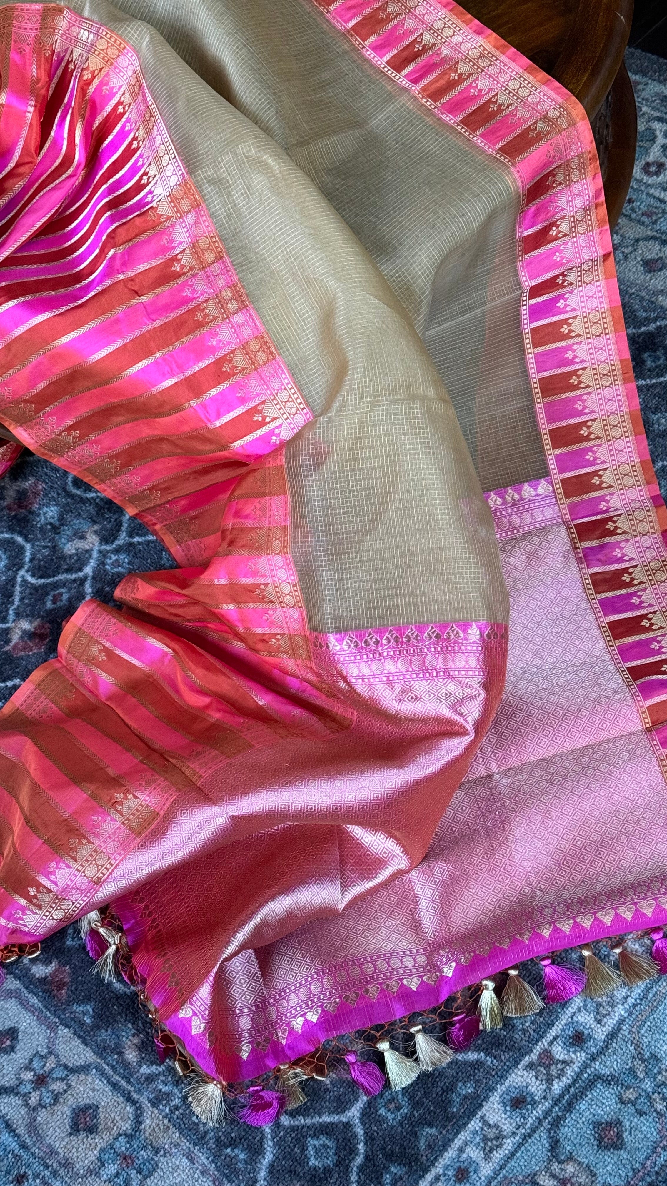 Organza Katan Silk Banarasi -  Tan Pink Orange Checkered