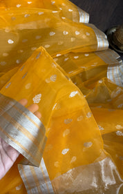 Pure Chanderi Organza Silk - Sunrise Orange Silver Zari