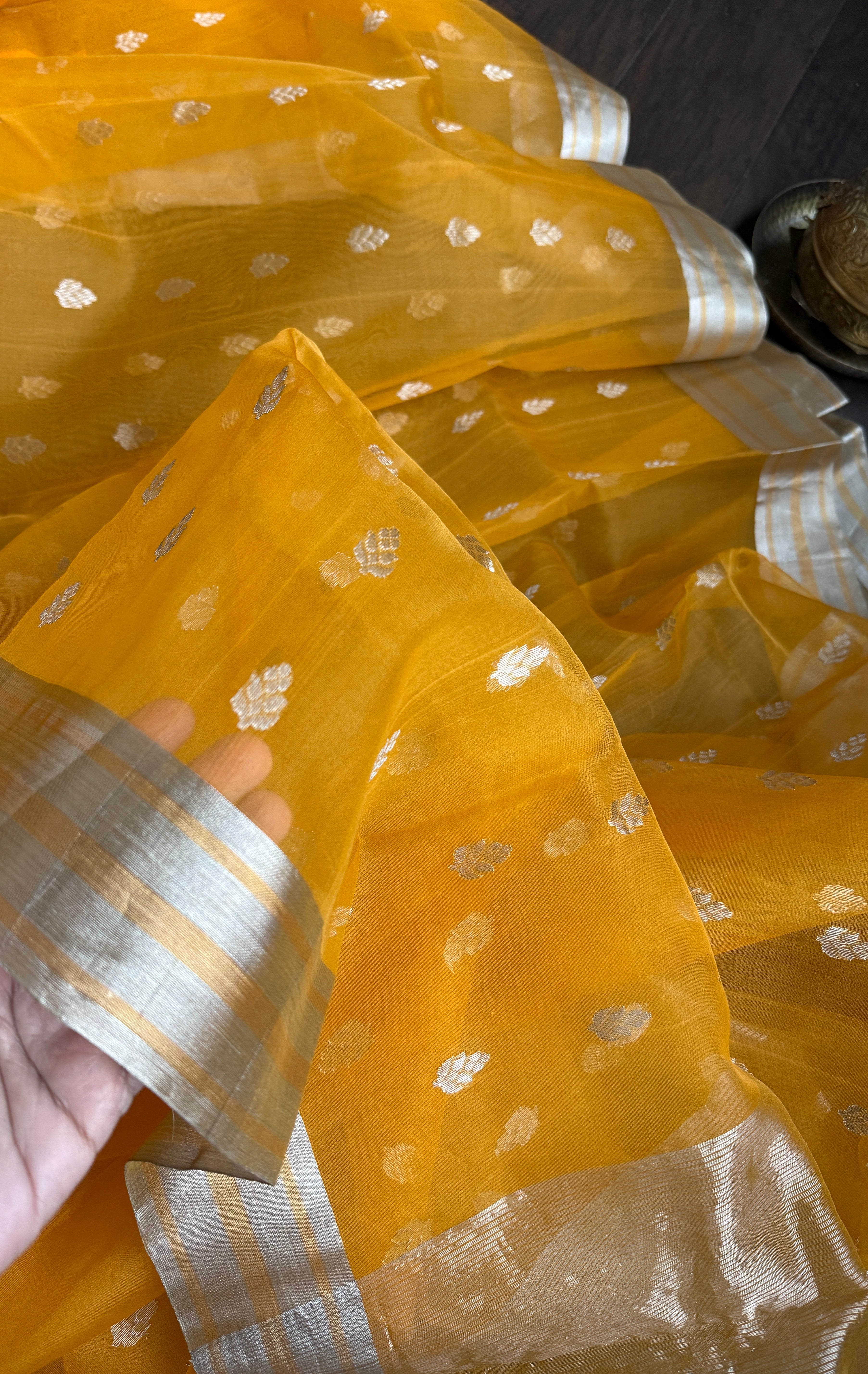Pure Chanderi Organza Silk - Sunrise Orange Silver Zari