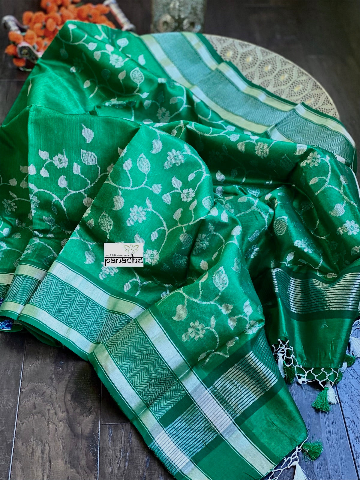Pure Chanderi Silk - Green Silver Zari