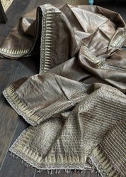 Designer Hand Zardozi Pure Tussar Silk - Brown