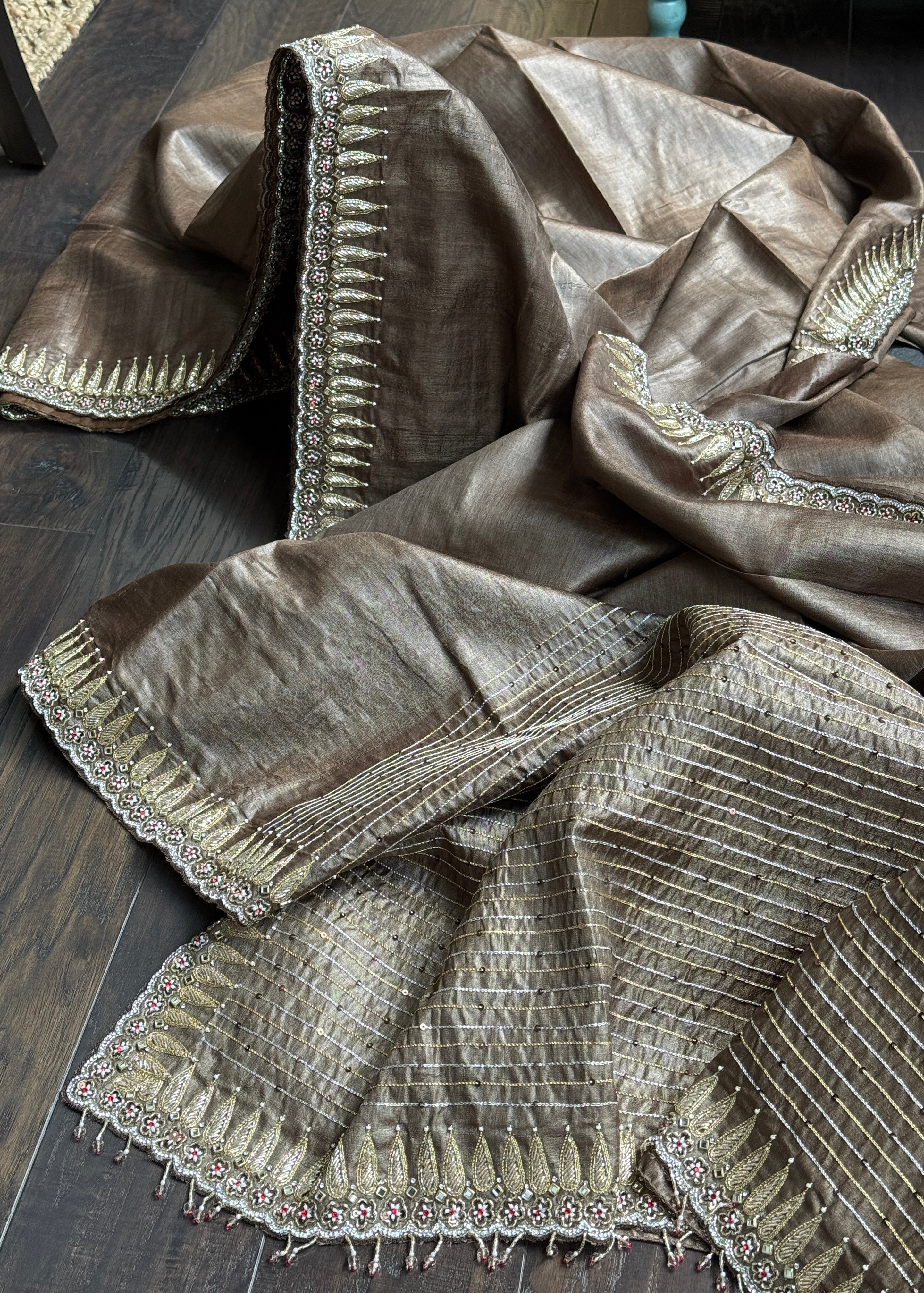 Designer Hand Zardozi Pure Tussar Silk - Brown