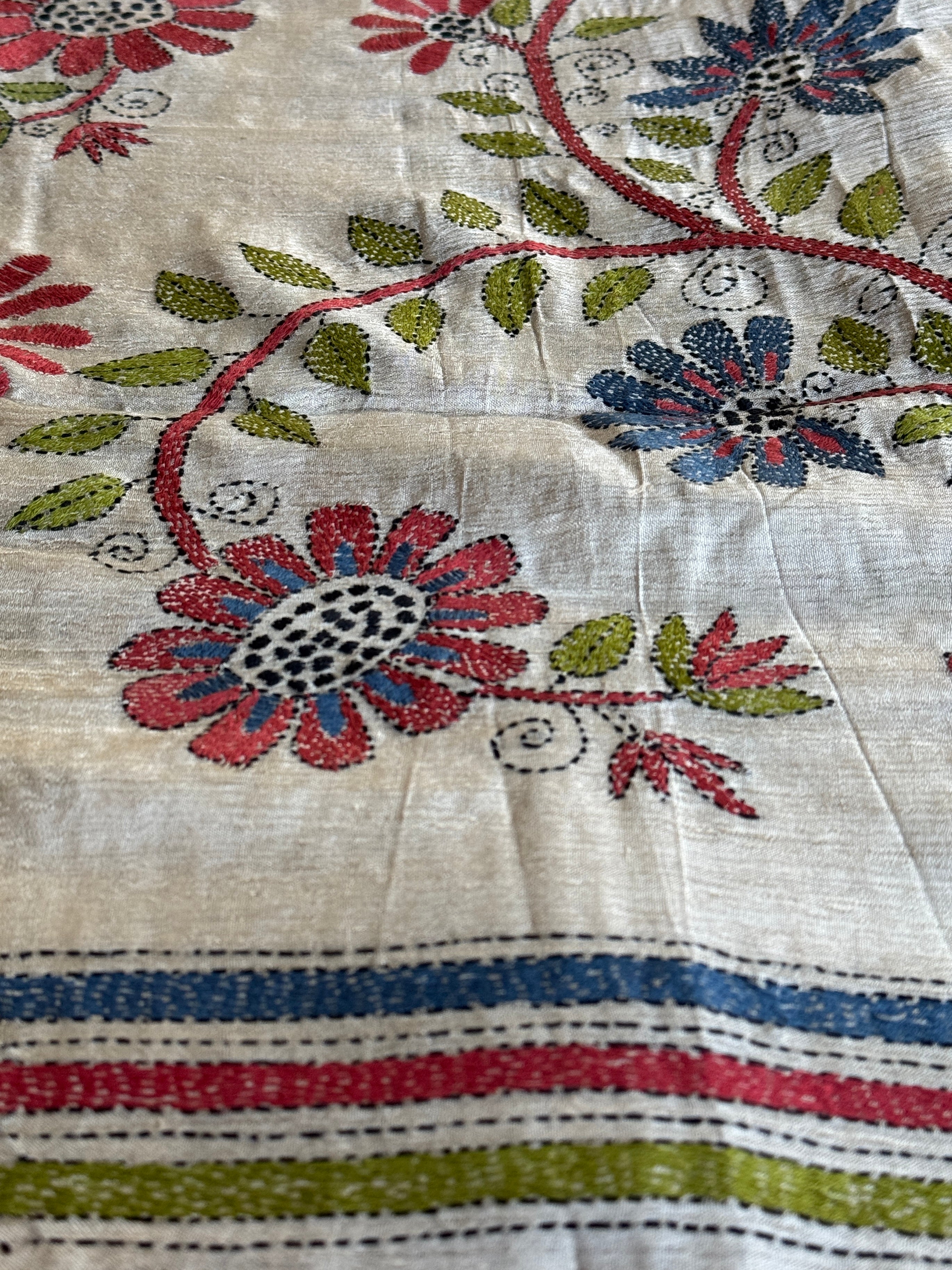 Pure Tussar Silk Kantha Stitch -  Beige Multi color