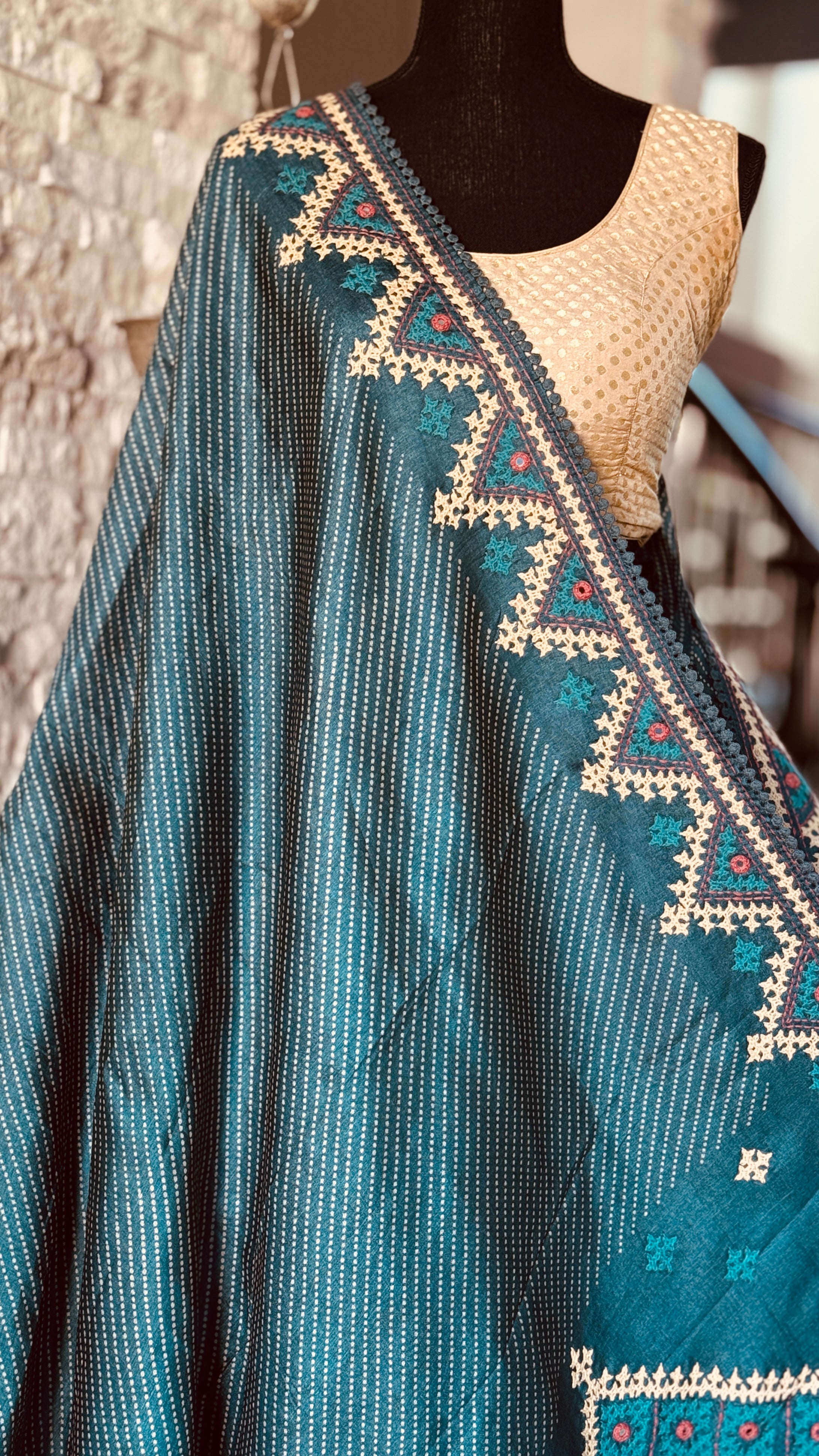 Pure Tussar Silk Gujrati Stitch -  Teal Blue Hand Embroidered