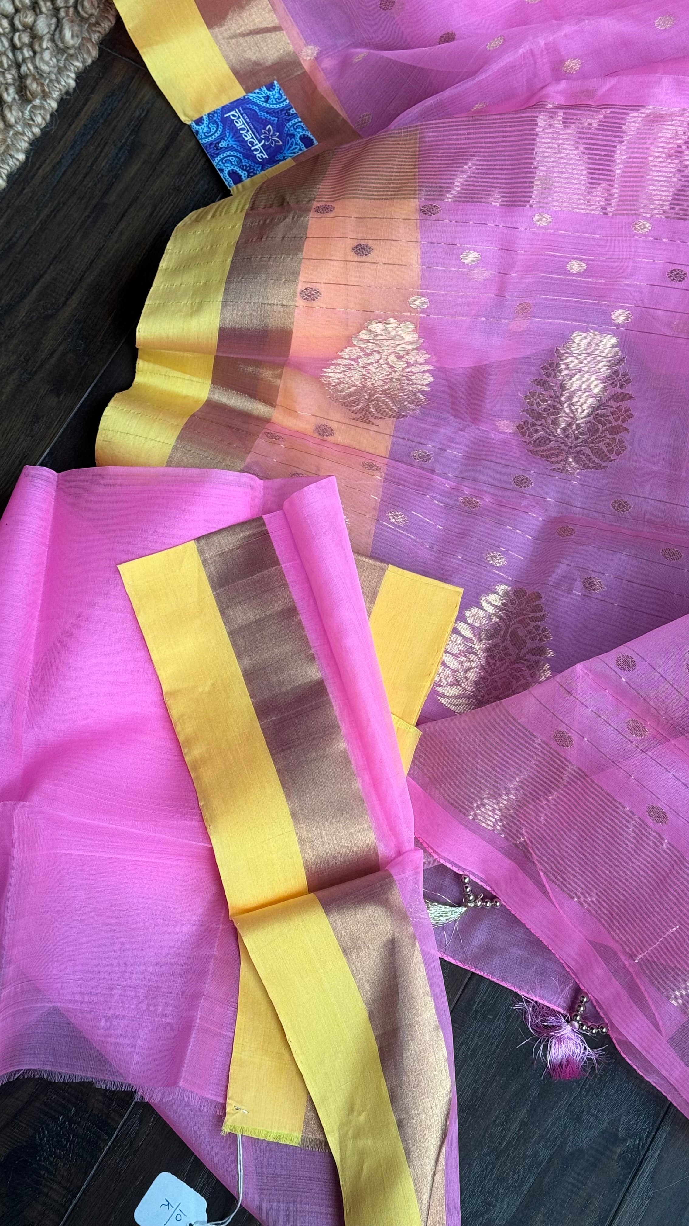 Pure Chanderi Organza Silk - Pink Yellow Golden Zari