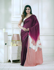 Designer Crepe Satin Silk Shaded - Wine Color Parsi Gara embroidered