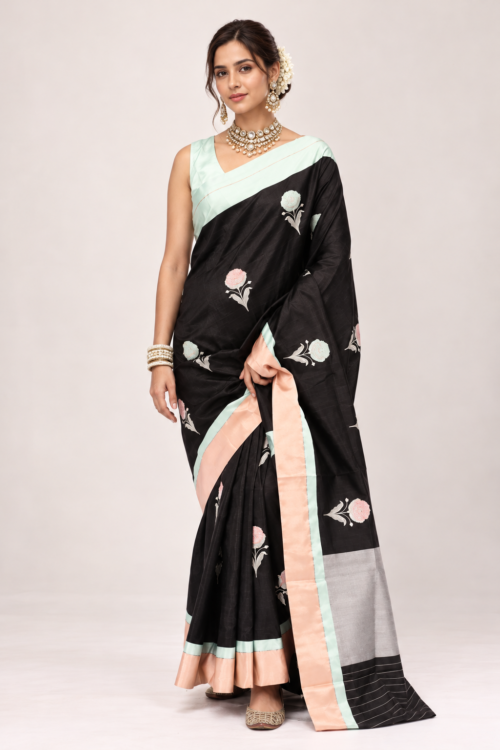Pure Chanderi Pattu Silk - Black Peach Firozi Eknaliya