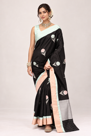 Pure Chanderi Pattu Silk - Black Peach Firozi Eknaliya