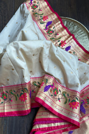 Pure Silk Paithani Single Munia - Cream Red Woven