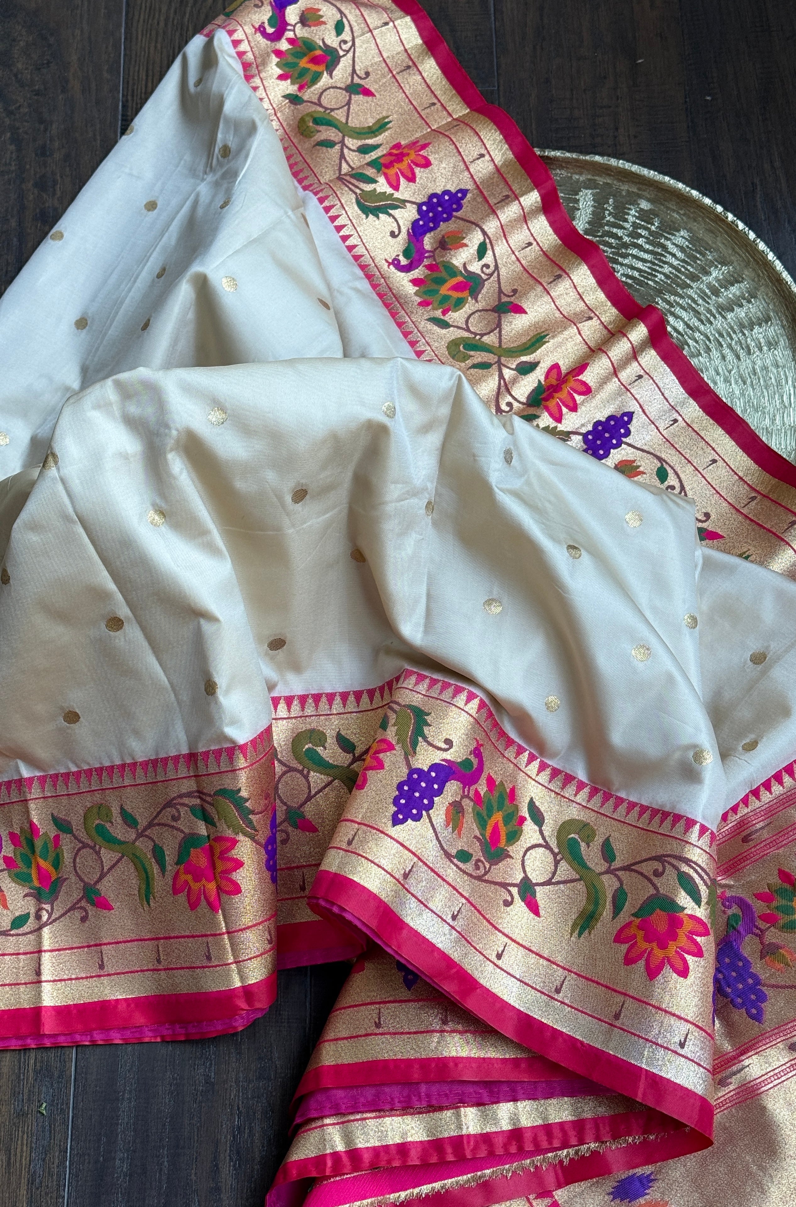 Pure Silk Paithani Single Munia - Cream Red Woven