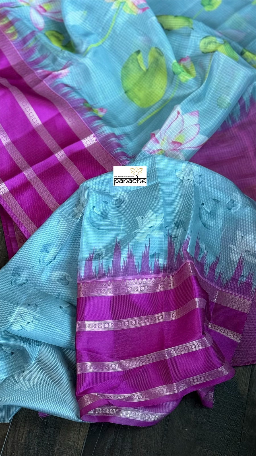 Floral Kota Silk - Blue Grey Magenta Gadwal