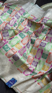 Pure Silk Rangkat Banarasi - Light Cream Beige Brown Multi shaded