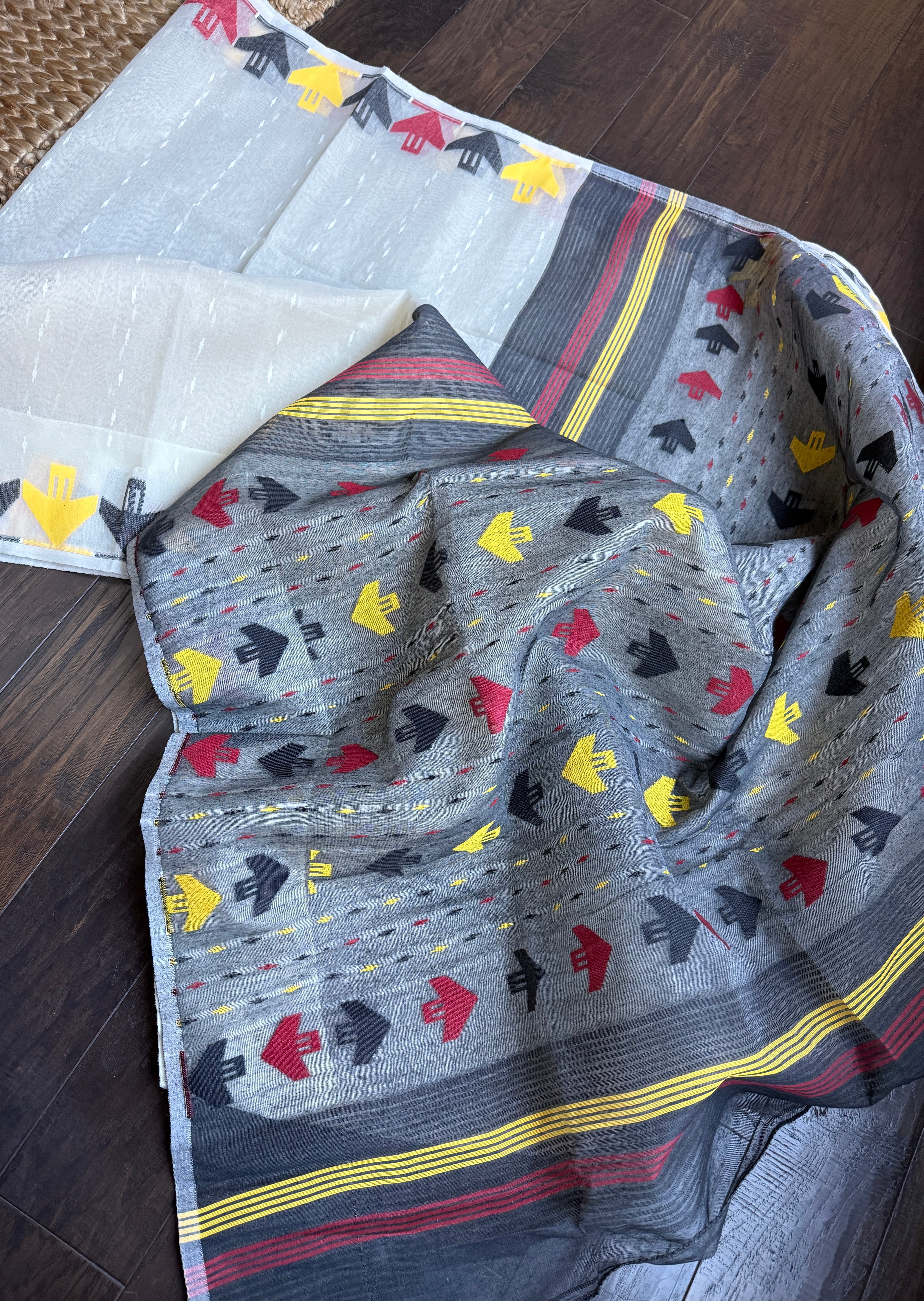 Dhakai Jamdani  - Off White Black Yellow Red
