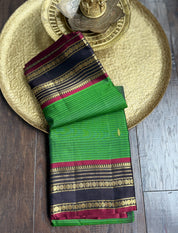 Pure Silk 1gm Zari Kanjivaram - Green Black self Stripe