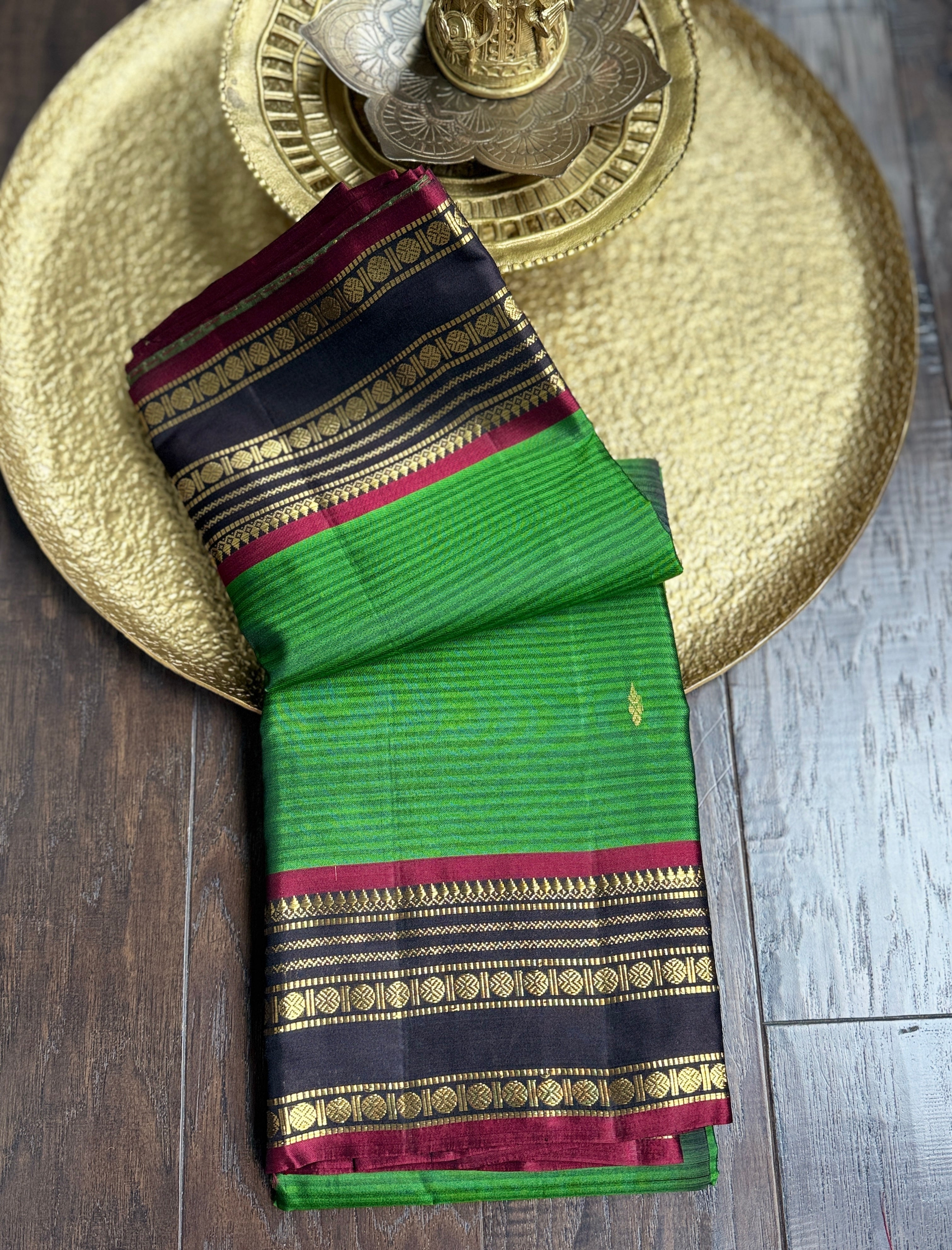 Pure Silk 1gm Zari Kanjivaram - Green Black self Stripe