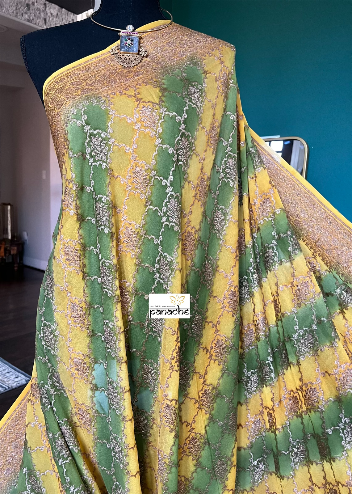 Khaddi Georgette Banarasi - Yellow Green Shaded