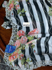 Designer Georgette Floral - Black and white Hand Embroidered