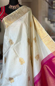 Pure Silk Kanjivaram - White Pink Woven