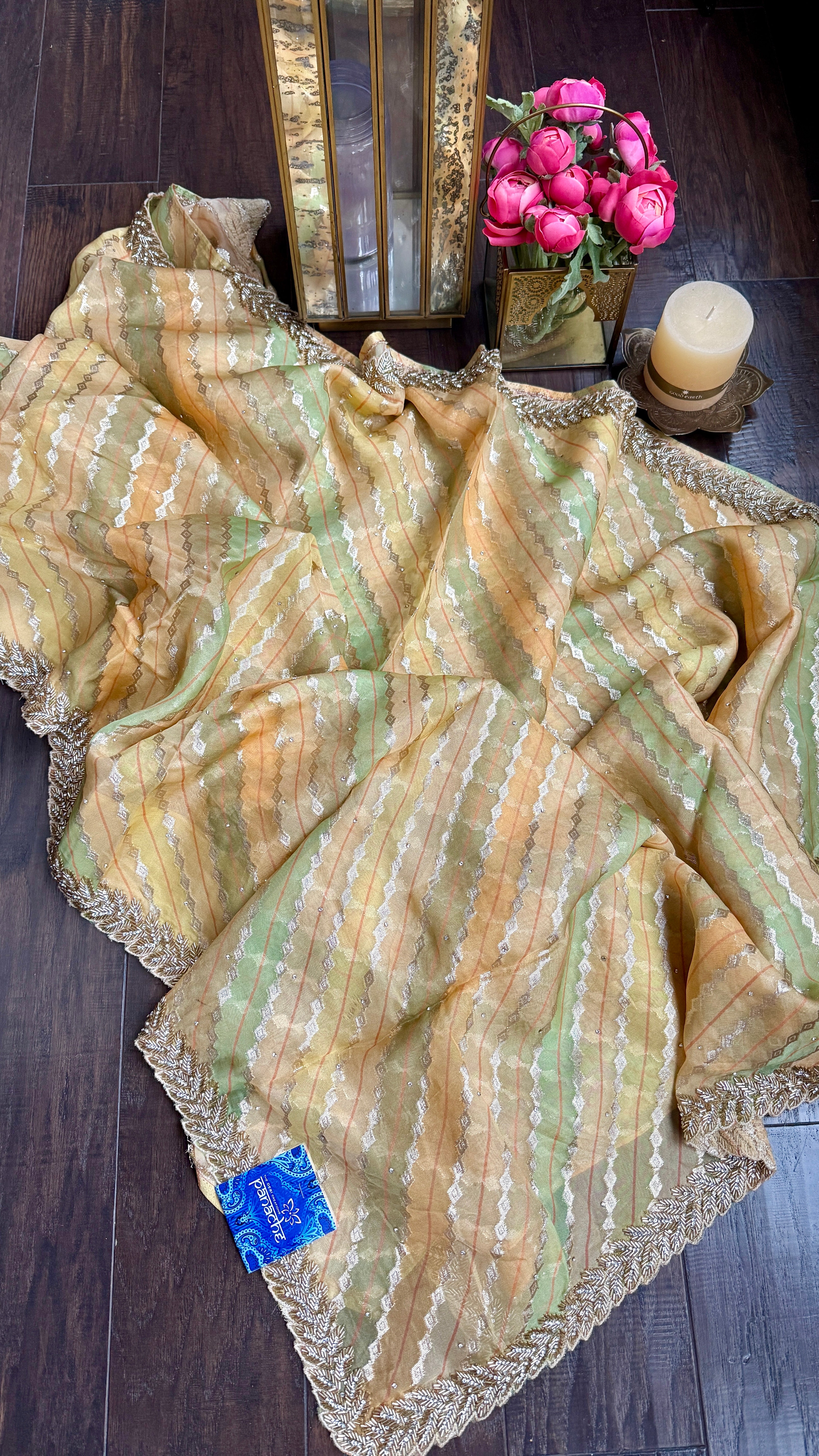 Designer Georgette Organza - Yellow Multi Color Hand Embroidered