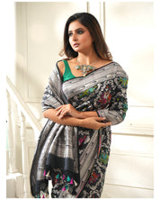 Khaddi Tussar Paithani Banarasi - Black Green Meenakari
