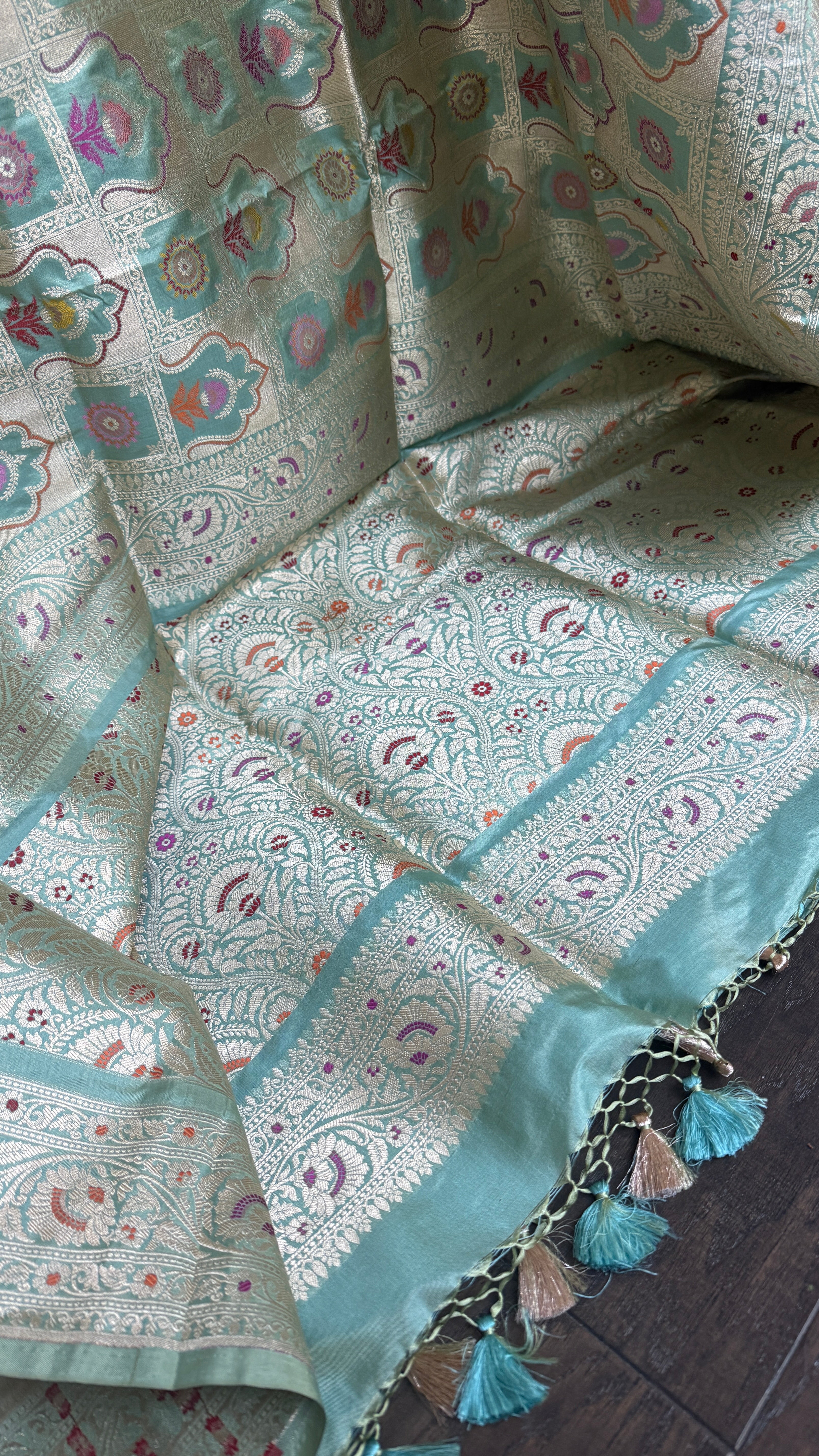 Pure Katan Silk Banarasi - Aqua Blue Multi Meenakari