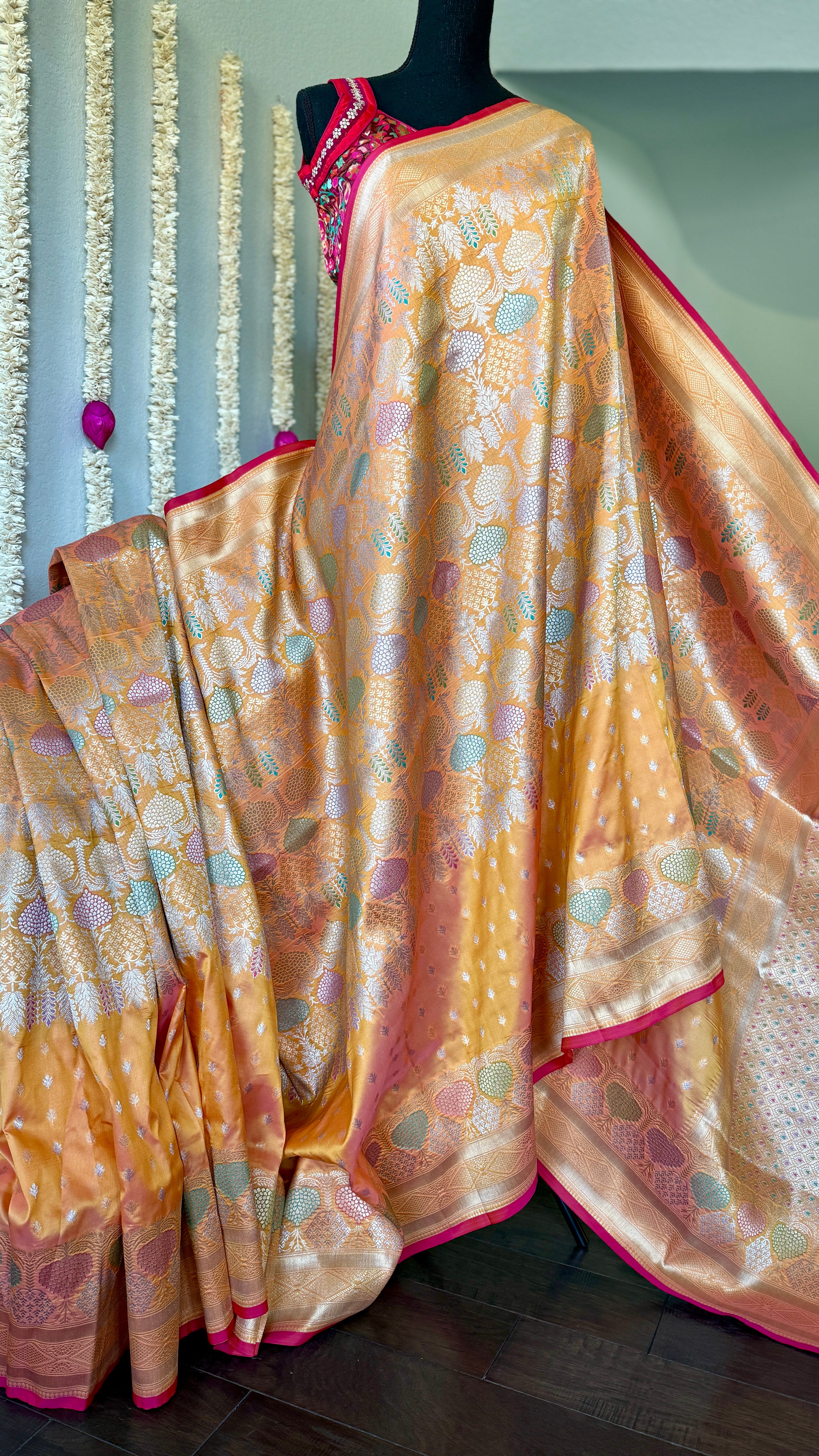 Soft Silk Banaras Brocade Saree - Orange Peach Dual Tone