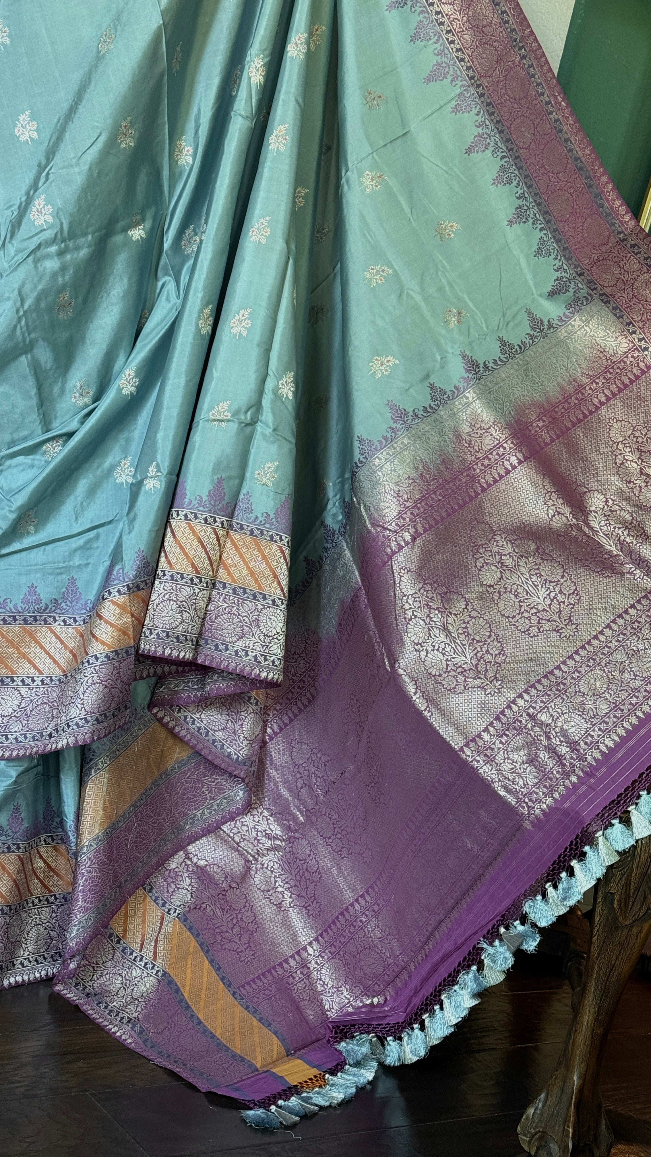 Pure Silk Katan Banarasi- Light Blue Kadhua Antique Silver Zari