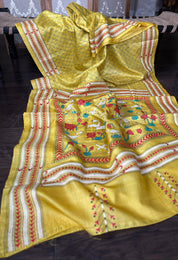 Pure Tussar Silk Kantha Stitch -  Yellow