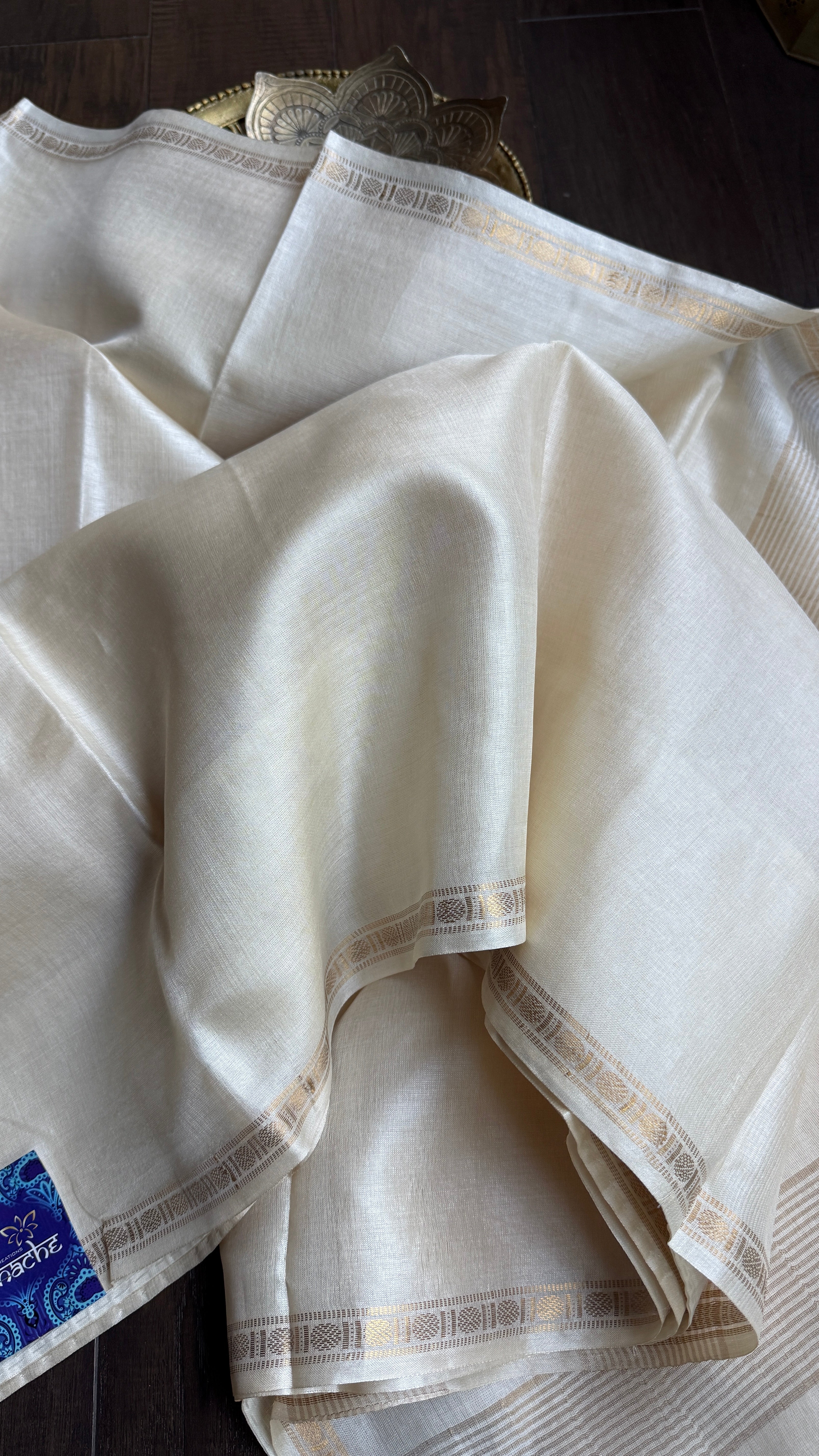 Pure Tussar Silk - Cream Beige Golden Zari Woven1