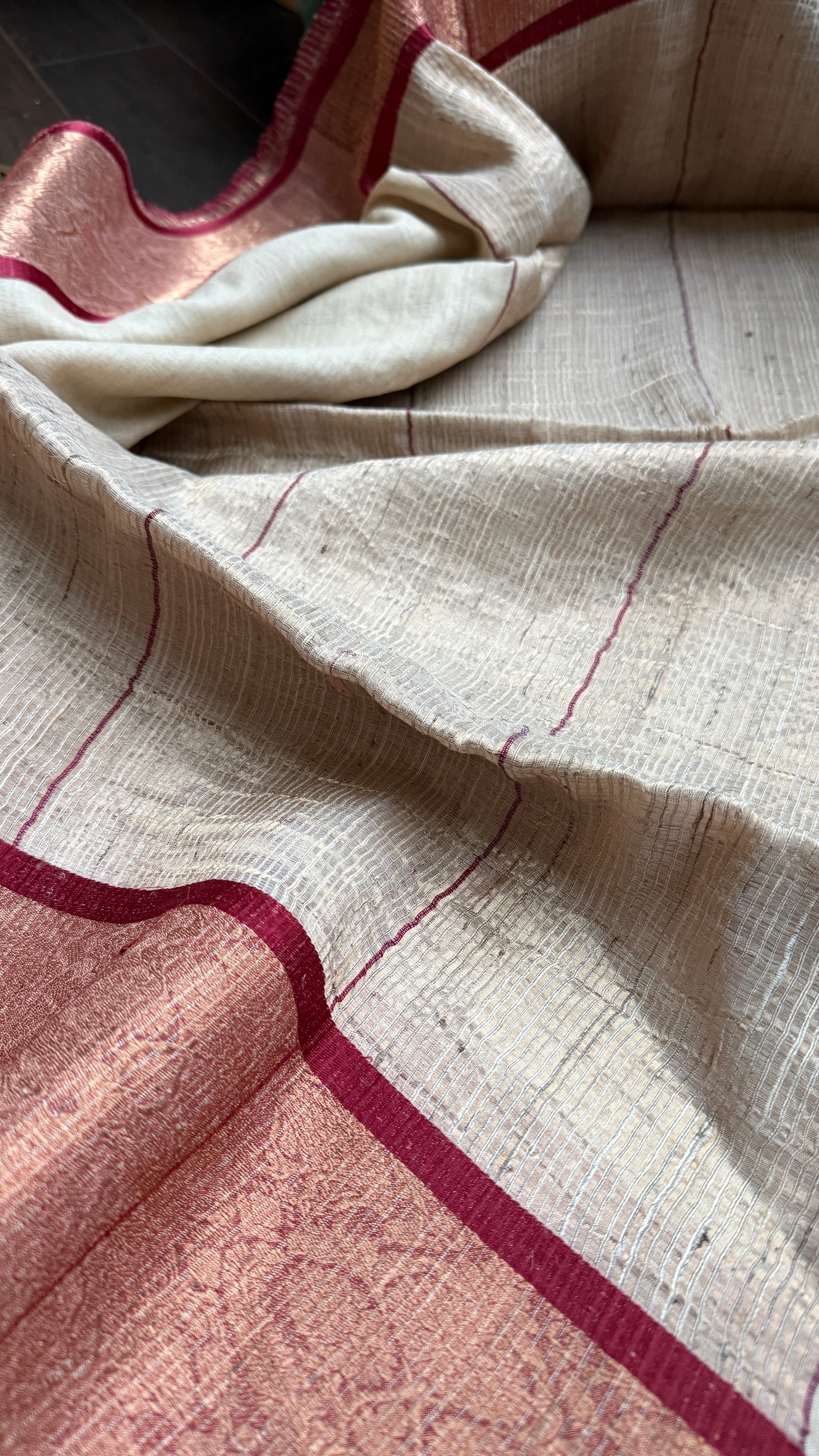 Pure Tussar Silk Handwoven - Tussar Beige Dark Maroon