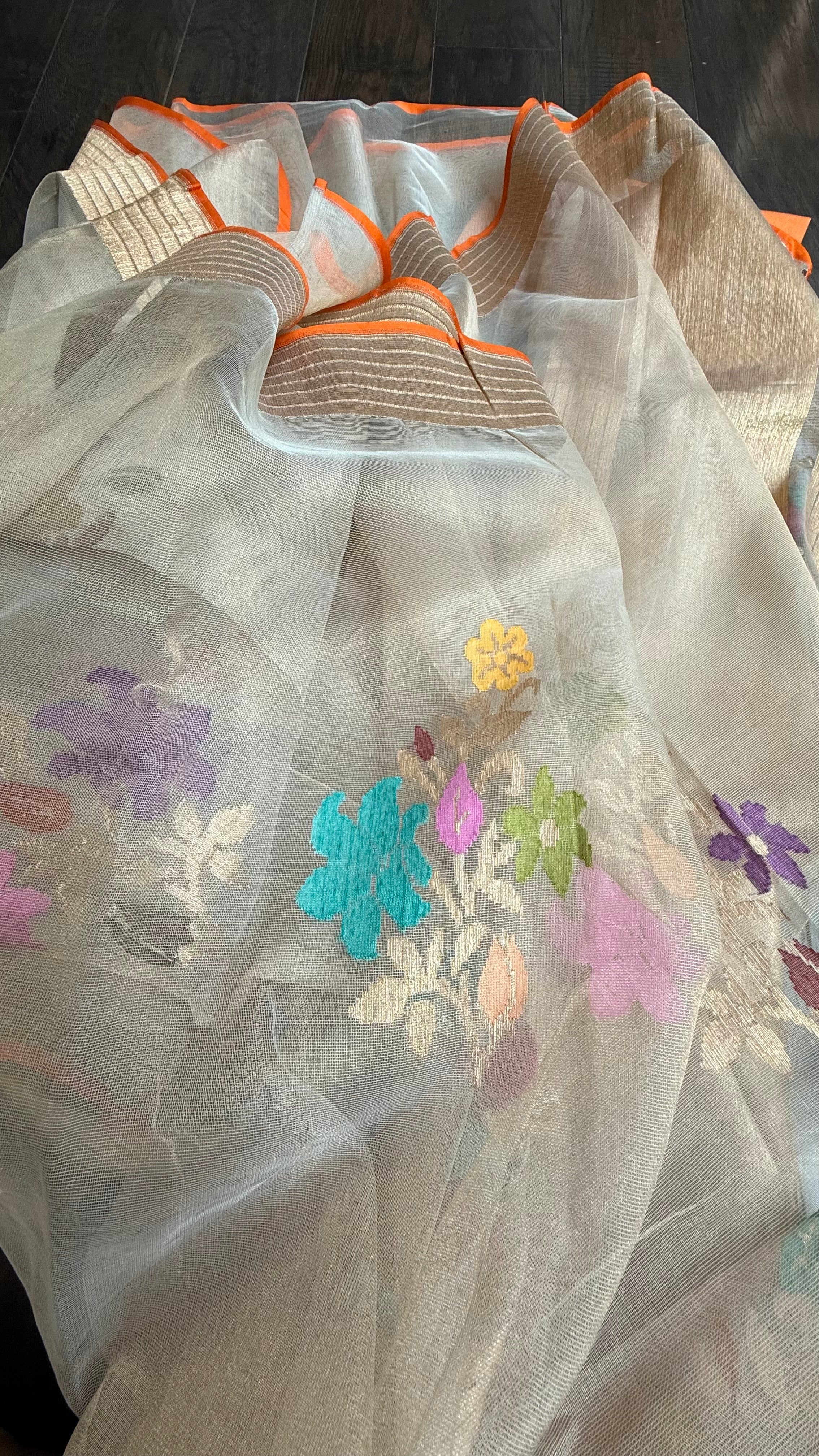 Handwoven Pure Tissue Net Organza Silk Saree with Zari Border & Multicolor Floral Motifs – Lightweight Festive Wear | Ships from USA