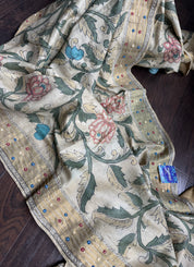 Pen Kalamkari Tussar Silk - Hand-Zardozi Beige Green